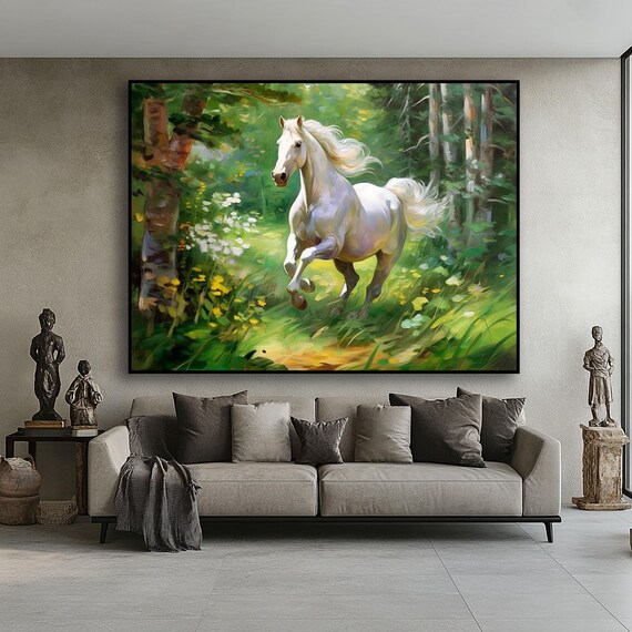 キャンバスに手描きされた白い馬の油絵：抽象的な森の壁アート - Etsy 日本