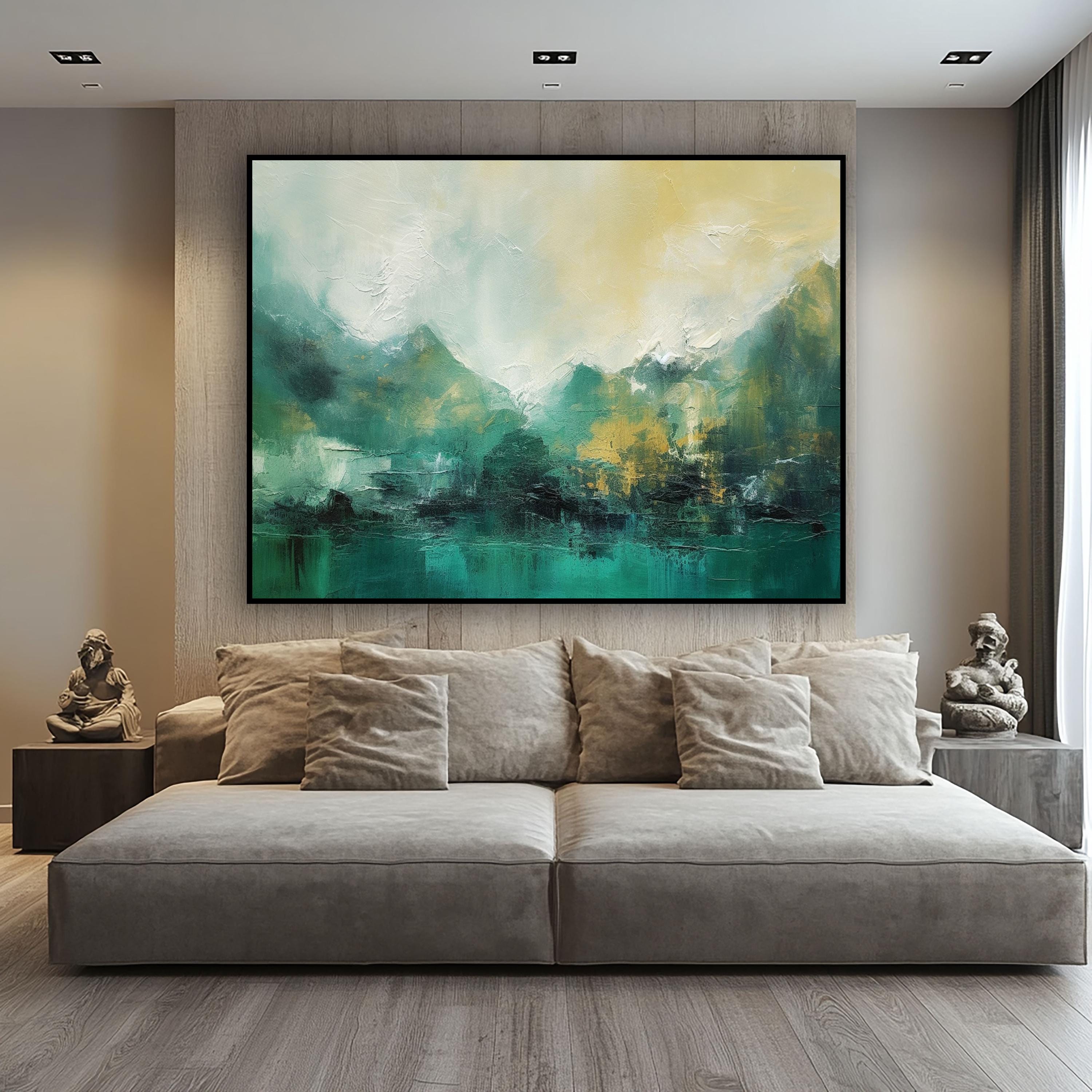 Textured Mountain Art: Green, Teal, and Yellow Abstract Painting