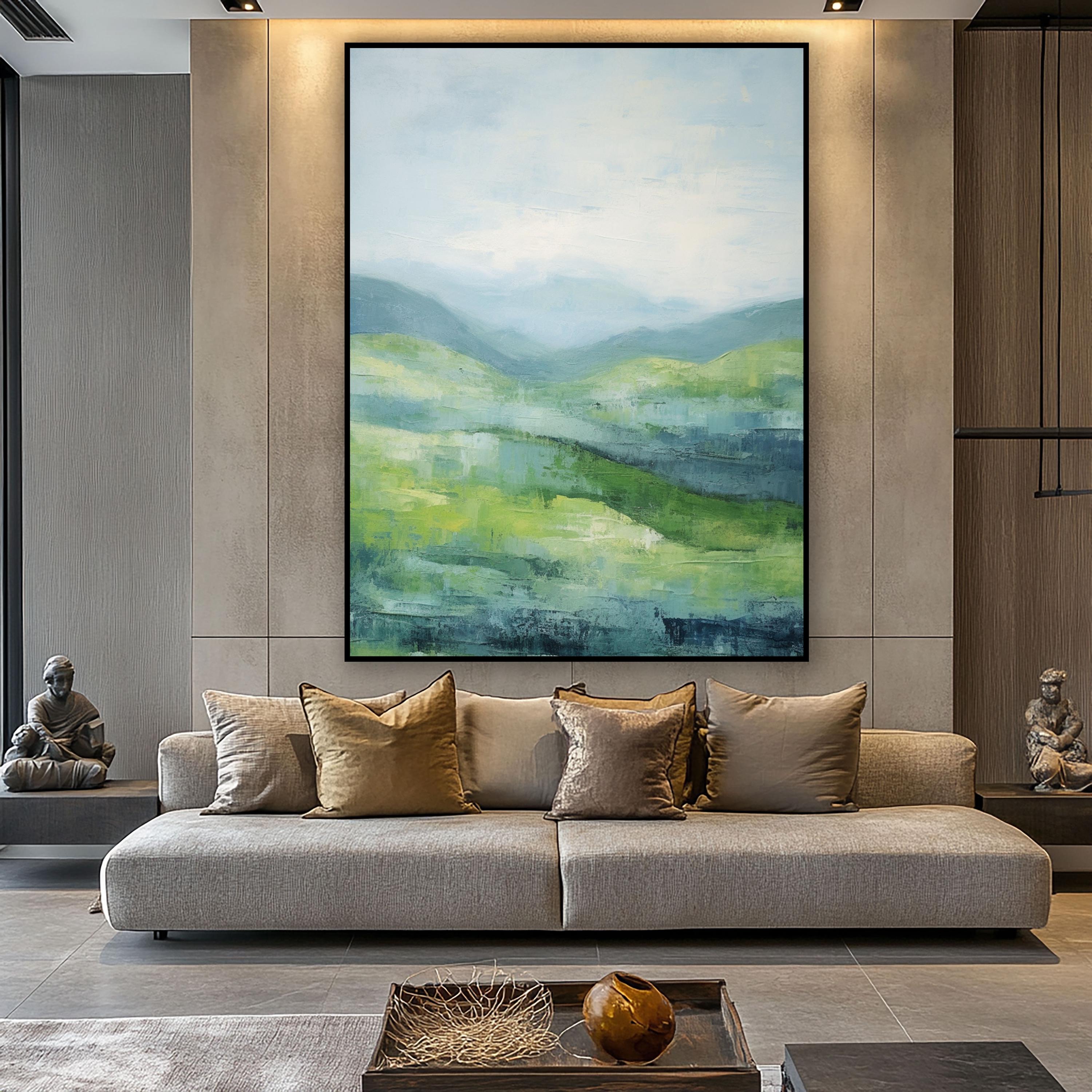 Abstract Sage Green Mountain Landscape Oil Painting: Textured Wall