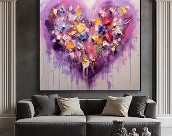 May include: Abstract painting of a purple heart with colorful flowers inside. The heart is painted in a textured style with drips of paint.