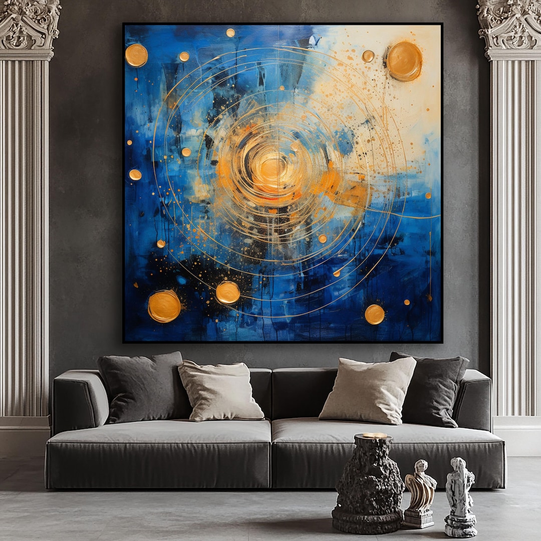 Hand-painted Cosmic Orbit Oil Painting on Canvas: Modern Gold & Blue ...