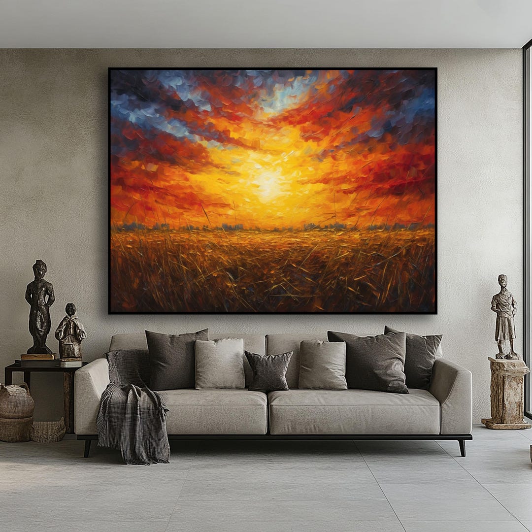 Textured Sunset Oil Painting on Canvas: Abstract Field View Wall Decor ...