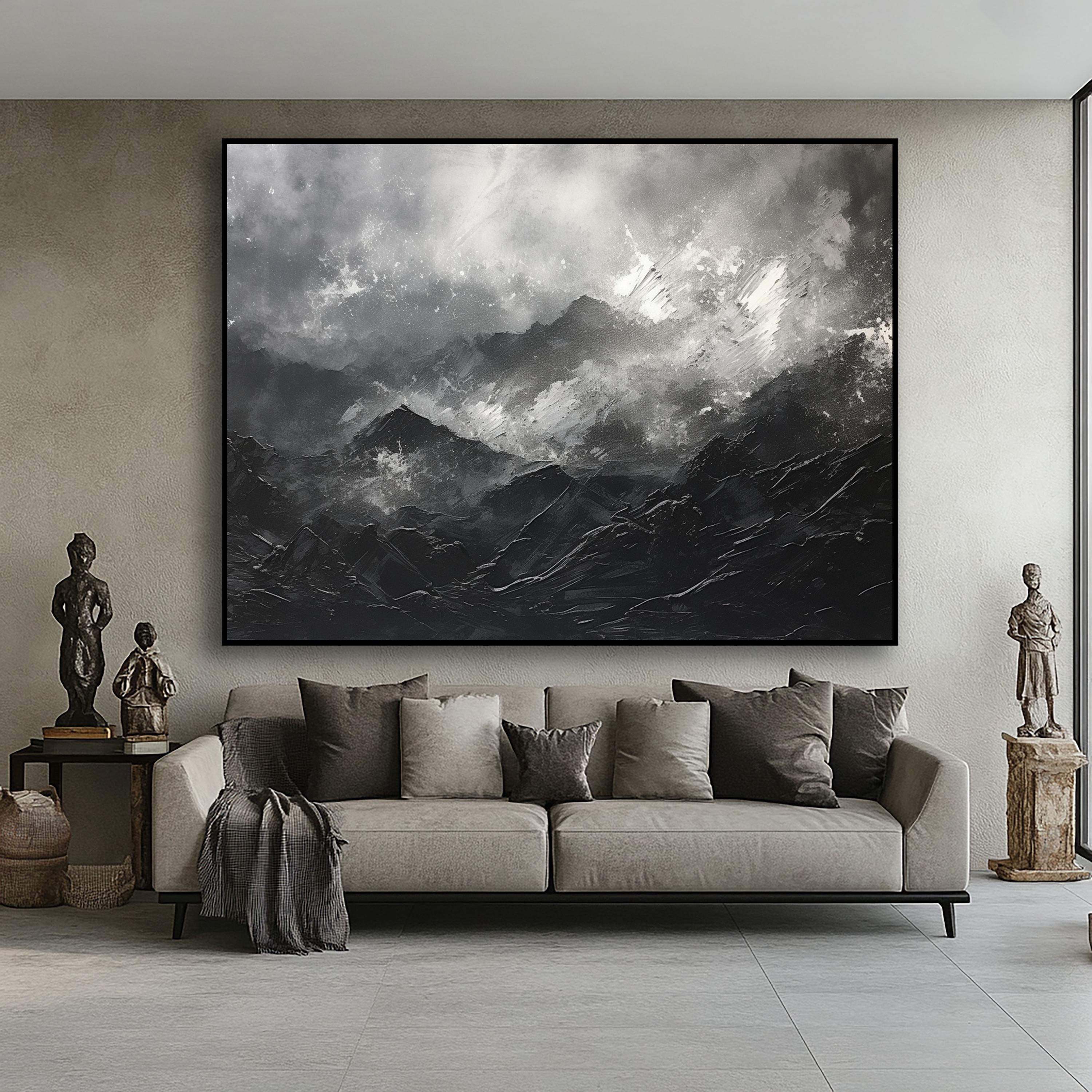 モノクロ 抽象　油彩画 山の風景　オリジナル　1点もの 手描きの抽象的な山の油絵：白黒のテクスチャキャンバス - Etsy 日本