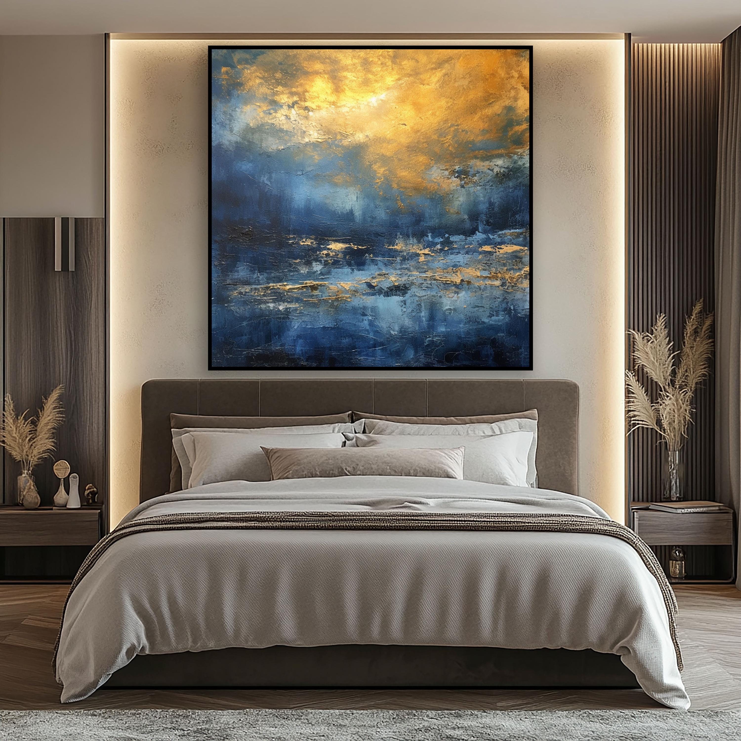 Blue and Gold Abstract Landscape Painting: Textured Sky, Living Room ...
