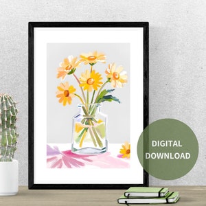 Impresión de arte floral, póster de jarrón de flores, arte de pared de flores amarillas, decoración de pared vintage, arte floral, tono amarillo, flores retro, decoración del hogar.