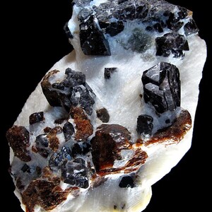May include: A cluster of black and brown crystals on a white matrix. The crystals are sharp and well-defined, and they are arranged in a visually appealing way.