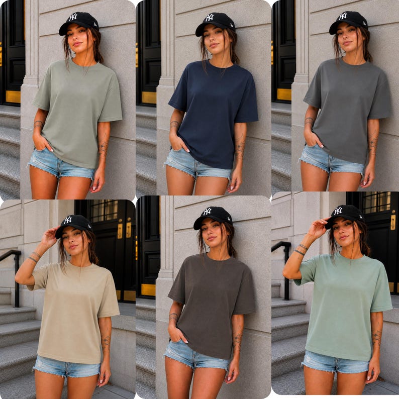 May include: Six short-sleeved t-shirts in different solid colours: olive green, navy blue, charcoal grey, tan, dark brown, and light green. Each shirt is worn with denim shorts and a black baseball cap.