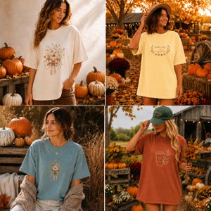 May include: A collection of four t-shirts featuring seasonal graphics. One cream shirt with a pumpkin bouquet, one yellow shirt with text, one blue shirt with a floral design, and one rust-colored shirt with a coffee cup graphic and leaf accents.