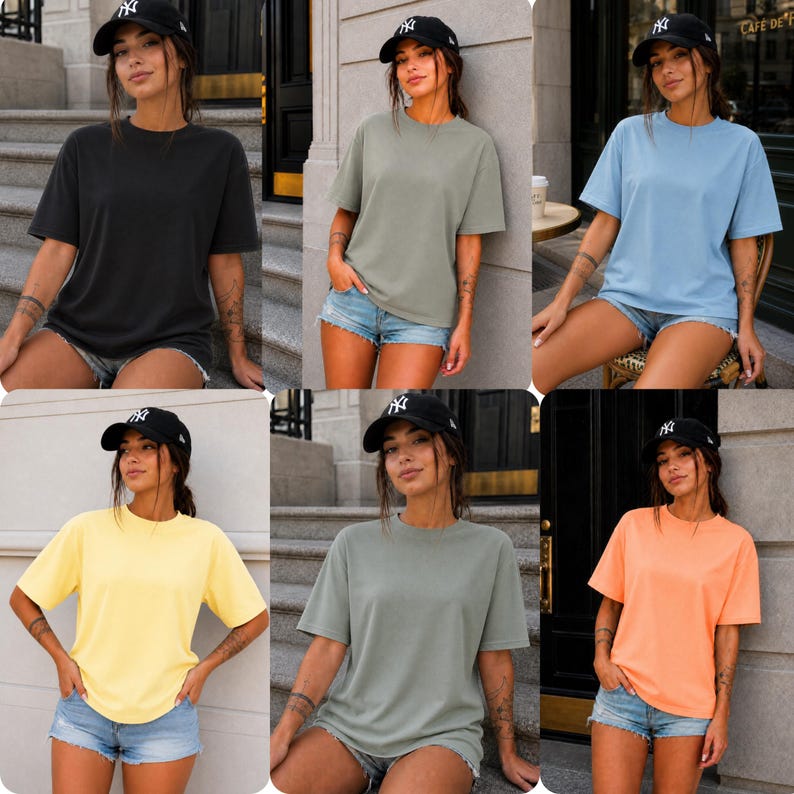 May include: Six plain, short-sleeved t-shirts in different colours: black, olive, light blue, yellow, grey-green, and orange. Each is worn with denim shorts and a black baseball cap.