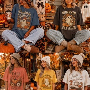 May include: A collection of five short-sleeved t-shirts in blue, dark gray, coral, yellow, and cream, each featuring autumn-themed graphic prints of ghosts, pumpkins, and text including Pumpkin Spice, Sweater Weather, and Fall is my favorite color.