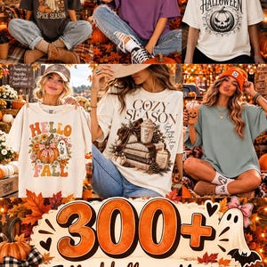 May include: A collection of six t-shirts featuring fall and Halloween graphics, including pumpkins, ghosts, and seasonal text. The image includes a large graphic with the text 300+ Fall & Halloween Mockups Comfort Colors.