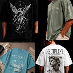 May include: A collection of four short-sleeve t-shirts featuring graphic prints. One black shirt shows an angel, a sage green shirt with 'Relentless' text, a blue shirt with a mountain landscape, and a white shirt with a statue and 'Discipline' text.