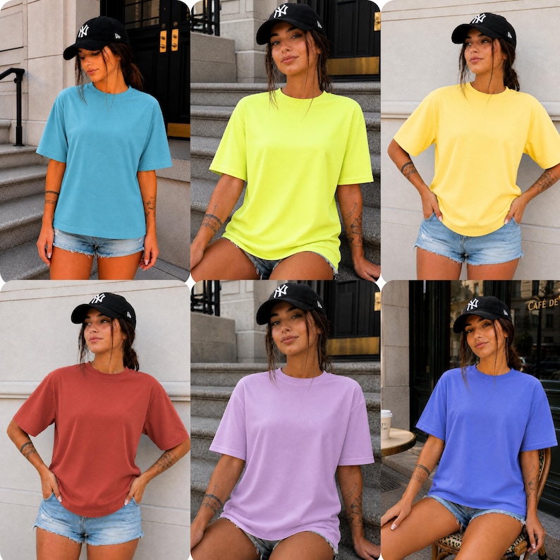 May include: Six plain, short-sleeved t-shirts in a range of colours: light blue, neon yellow, yellow, rust, lavender, and blue. Each top is worn with denim shorts and a black baseball cap.