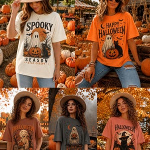 May include: A collection of five short-sleeved t-shirts featuring Halloween-themed graphics. The designs include illustrations of ghosts, pumpkins, black cats, and bats with text such as Spooky Season, Happy Halloween, and Trick or Treat.