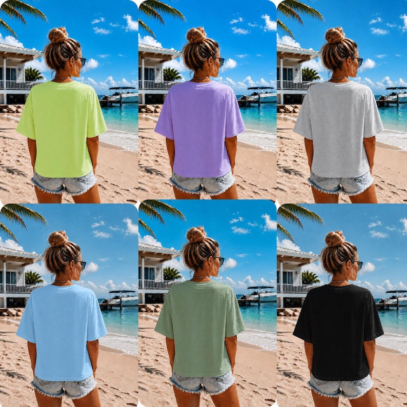 May include: Six plain, short-sleeved t-shirts in a variety of colours: lime green, lilac, grey, light blue, olive green, and black. Each top is worn with denim shorts. The background is a beach scene with a blue sky and white clouds.