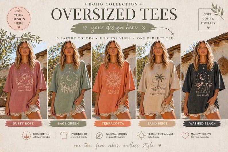 Oversized Boho T-shirt Mockup Bundle, 5 Earthy Colors (digital Download ...