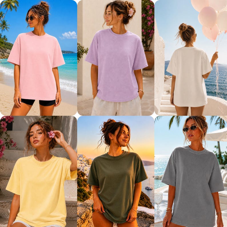 May include: A selection of oversized t-shirts in a range of solid colours: pink, lavender, cream, yellow, olive green, and grey. The shirts feature short sleeves and a relaxed fit, ideal for casual wear.