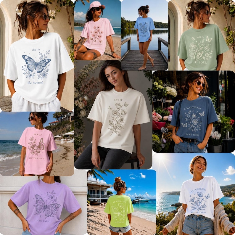 May include: A collection of t-shirts in various colours, each adorned with floral and butterfly designs. Some shirts display text such as "Live in the moment," "Be kind," and "Good things take time." The shirts are in shades of white, pink, blue, and green.