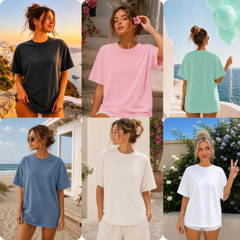 May include: Six plain, short-sleeved t-shirts in a variety of colours. The shirts are in black, pink, mint green, blue, cream, and white. The t-shirts have a loose fit and are made of a soft material.