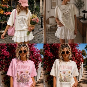May include: Four images showcasing women's fashion. The outfits include oversized t-shirts with floral graphics and text, paired with white ruffled skirts. The t-shirts are in cream and pink, with text that reads "LA VIE EN FLEURS" and "WILDFLOWER".