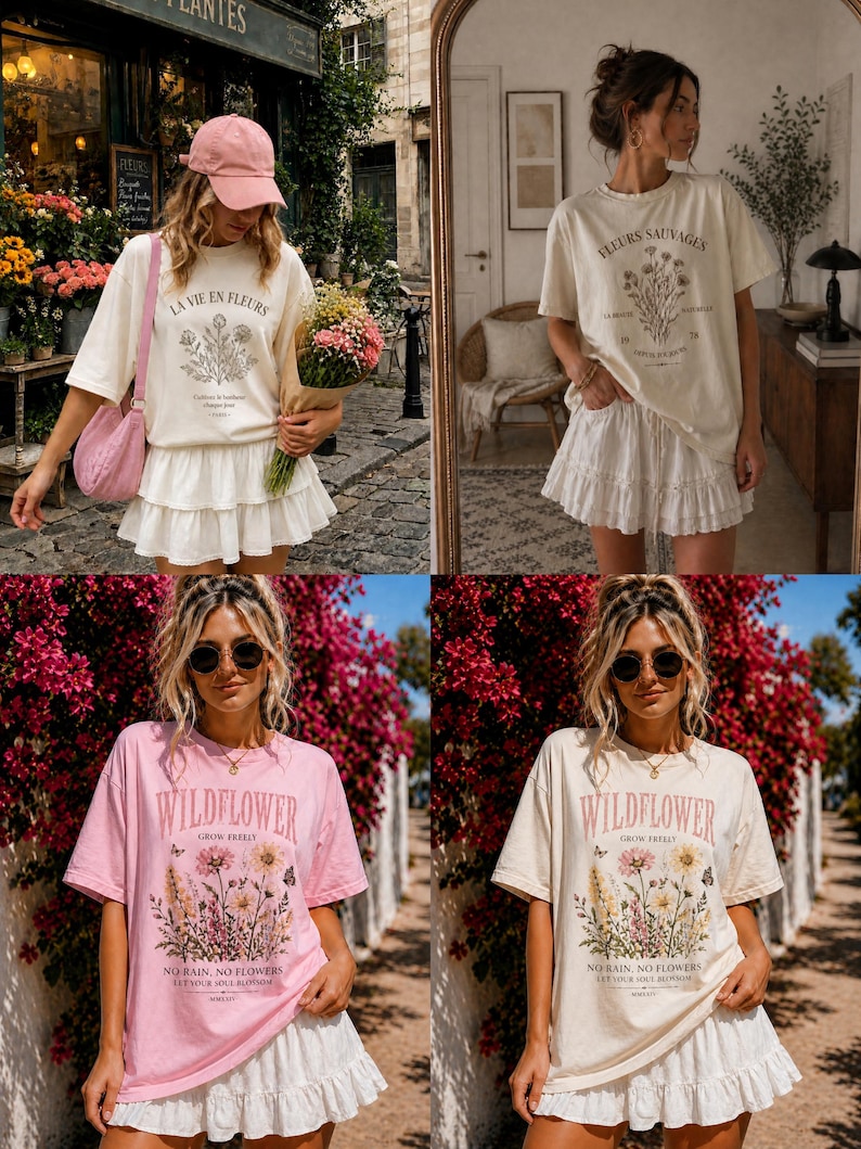 May include: Four images showcasing women's fashion. The outfits include oversized t-shirts with floral graphics and text, paired with white ruffled skirts. The t-shirts are in cream and pink, with text that reads "LA VIE EN FLEURS" and "WILDFLOWER".