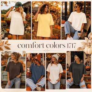 May include: A collection of Comfort Colors 1717 t-shirts in various solid colors including white, yellow, dark gray, and blue. Each shirt features a loose, short-sleeved fit with a crew neckline, displayed in multiple outdoor settings.