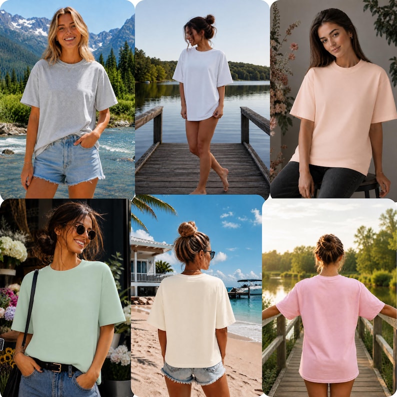 May include: A collection of six short-sleeved t-shirts in various pastel shades: light grey, white, pale pink, mint green, cream, and pink. The shirts have a loose fit. The models are wearing the t-shirts in different outdoor locations, including a beach and a lake.