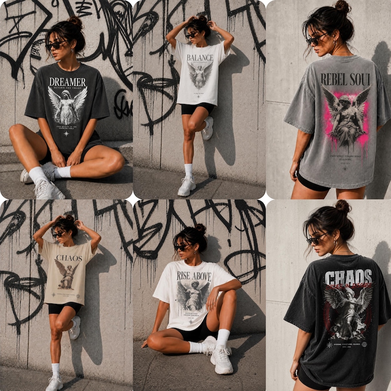 May include: A selection of oversized graphic t-shirts in different colours, each with angel-themed designs and text. The shirts display phrases such as "Dreamer", "Balance", "Rebel Soul", "Chaos", and "Rise Above". The designs are printed on the front and back.