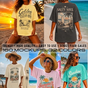 May include: A collection of five short-sleeved t-shirts in yellow, charcoal grey, off-white, light pink, and turquoise. Each shirt features graphic prints of palm trees, sunsets, surfboards, and flowers with text including Golden State of Mind.