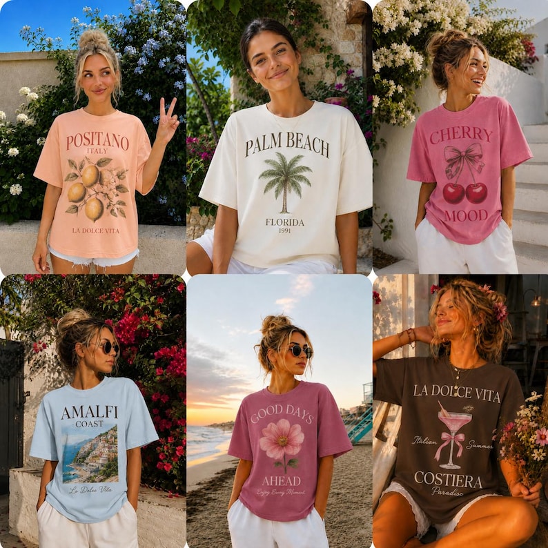 May include: A selection of six t-shirts in various colours, each featuring a different design and text. The designs include a lemon illustration, a palm tree, cherries, a coastal scene, a flower, and a cocktail. The t-shirts are peach, cream, pink, light blue, and brown.