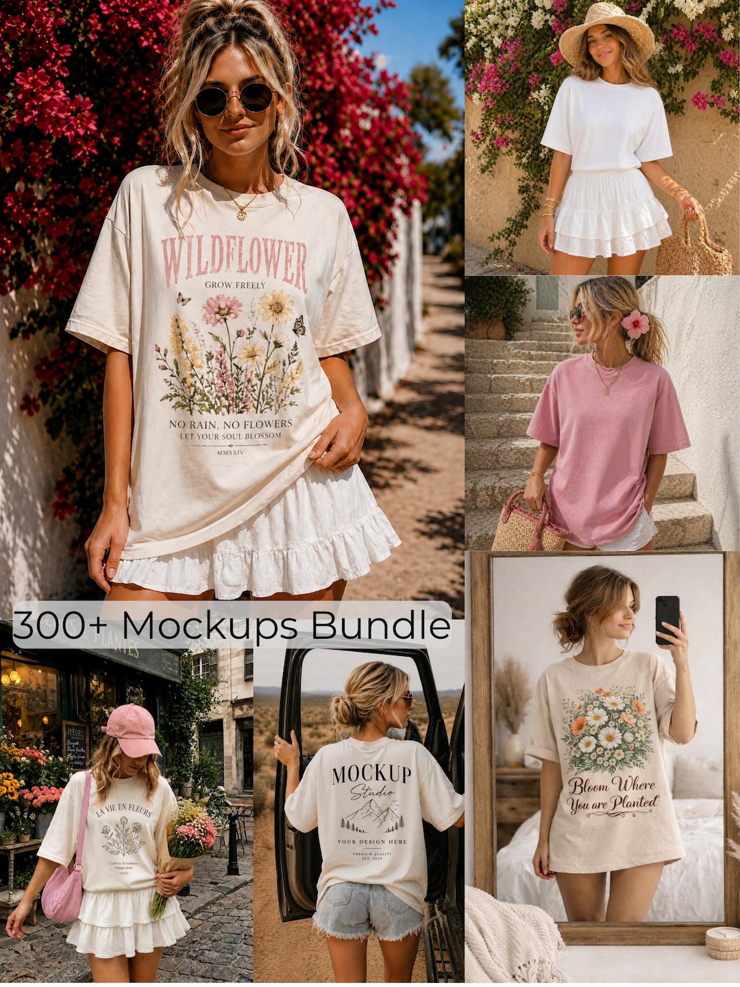 300 + Comfort Colors 1717 Mockup Bundle, Realistic Lifestyle T-Shirt Mockups (PNG)