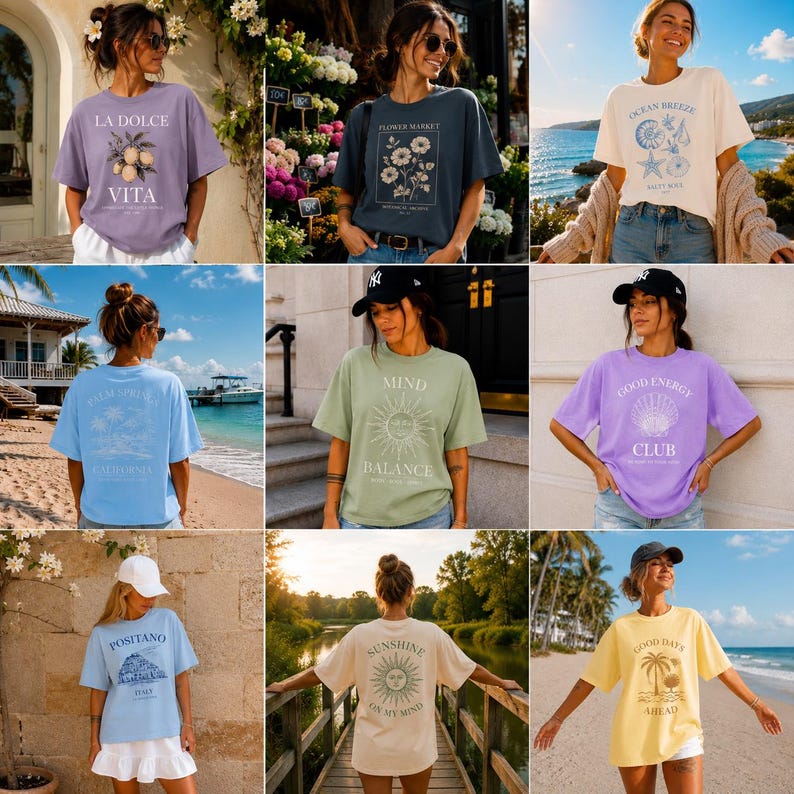 May include: A selection of colourful t-shirts, each with distinct graphic designs and text. Designs include floral patterns, travel locations, and motivational quotes. The shirts are modelled outdoors.