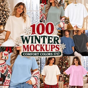 Puede incluir: Una colección de camisetas Comfort Colors 1717 en varios colores sólidos, incluyendo blanco, azul claro, verde salvia, gris oscuro y rosa. La imagen presenta el texto 100 WINTER MOCKUPS COMFORT COLORS 1717 superpuesto en un collage de camisetas.