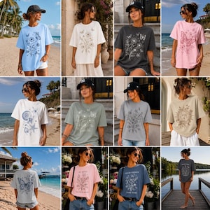 May include: A selection of t-shirts in various colours, each featuring nature-themed designs. The graphics include butterflies, flowers, and sun motifs. Some shirts have text such as "Be Kind to Your Mind" and "Good Things Take Time."