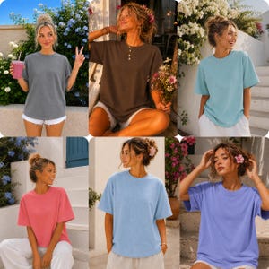 May include: A selection of six short-sleeved t-shirts in different colours: grey, brown, light blue, pink, light blue, and purple. The shirts have a relaxed fit and are made of a soft material. The t-shirts are suitable for casual wear.