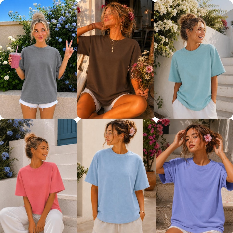 May include: A selection of six short-sleeved t-shirts in different colours: grey, brown, light blue, pink, light blue, and purple. The shirts have a relaxed fit and are made of a soft material. The t-shirts are suitable for casual wear.