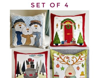 Set of 4 festive Printed Sewing Patterns Applique cushion cover printable templates 16 inch project