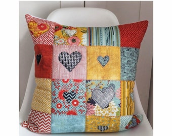 Hearts Patchwork and Applique Cushion Cover Sewing Pattern embroidery topstitch embelish PDF instant download