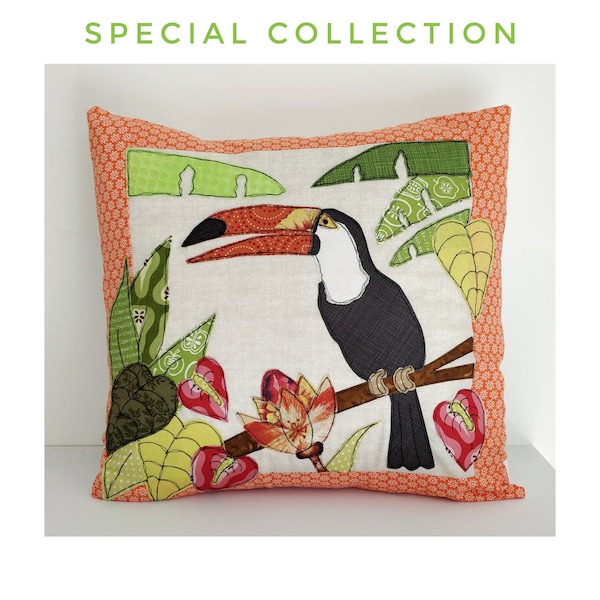 Digital Sewing Pattern (PDF) Tropical Toucan Applique cushion cover sew make stitch printable templates 16 inch  project soft furnishings