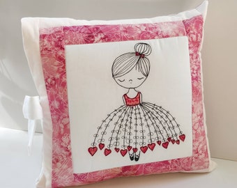 Ballerina cushion cover handmade by Helen freemotion applique quilting ballet pink