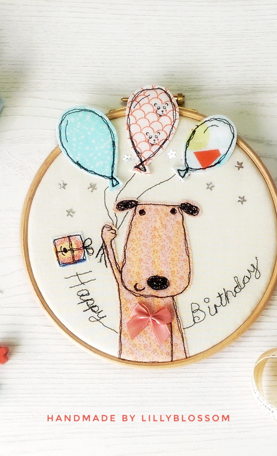 Happy Birthday Puppy freehand machine embroidery framed on a Etsy