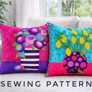 PDF Lemon and Rose Vase cushion cover patchwork and applique sewing pattern