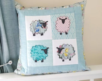 Turquoise and pink Spring Sheep cushion cover handmade by Helen patchwork applique zip