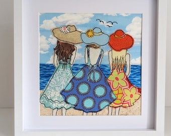 A day at the beach with my BFFs framed freemotion textile picture by Helen Newton