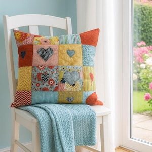 Patrón de costura para cojín de patchwork con corazones: funda de cojín con apliques y bordado, instrucciones en PDF para principiantes