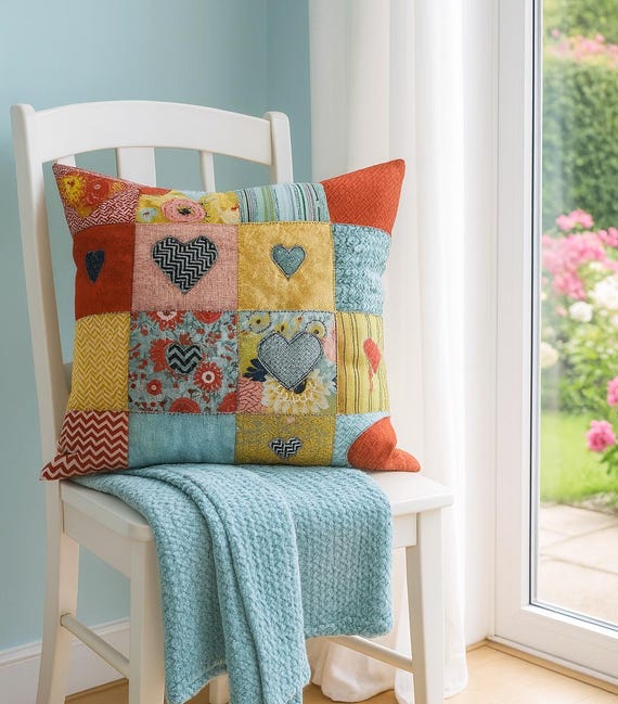 ハートのパッチワーククッションの縫製パターン - 刺繍入りアップリケ