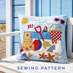 Patrón de costura en PDF: Funda de cojín con apliques de cubos y palas. Plantillas imprimibles para coser y confeccionar.