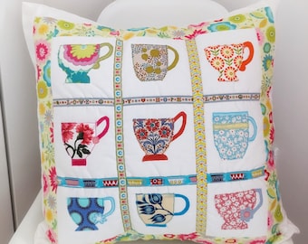 Teacups PDF cushion cover and tote sewing pattern with applique templates by Helen Newton