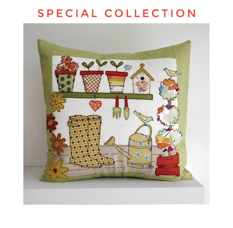 Digital Sewing pattern PDF The Potting Shed Applique cushion cover sew make stitch printable templates 16 inch project soft furnishings image 1