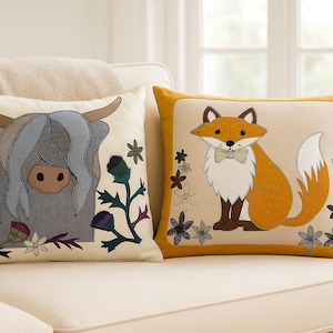 Highland Cow & Fox Applique Cushion Cover Sewing Pattern (PDF)